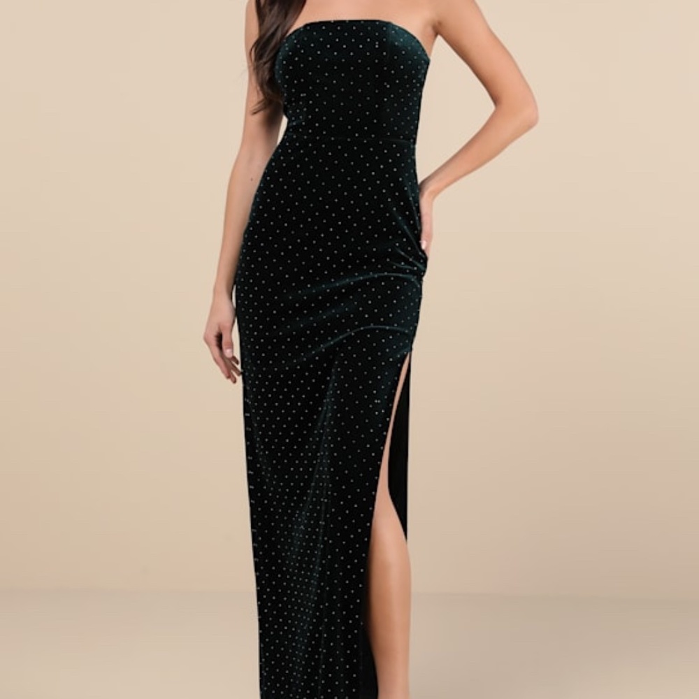 Lulus Dreamy Choice Dark Green Rhinestone Strapless Maxi Dress - Size L